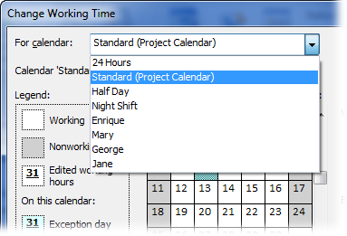 The “For calendar” drop-down list displays the built-in calendars, any new calendars you’ve created, and calendars for each resource in the Project file.