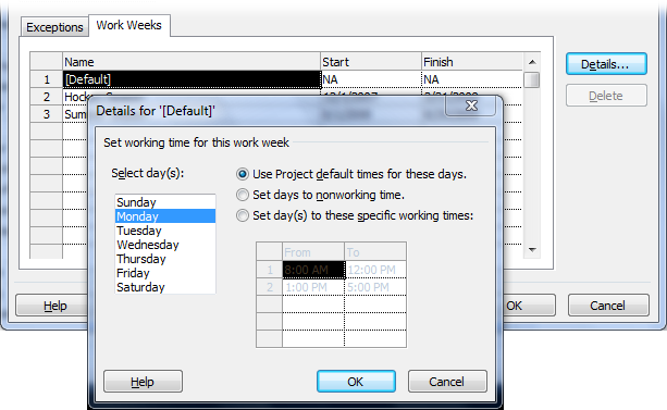 If you select a workday, you see the current work hours in the working time table. The working time table is empty when you select a nonworking day.