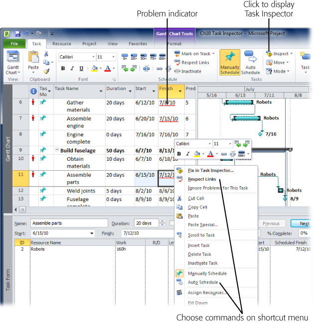 The solution to a problem may be to switch a task from Manually Scheduled to Auto Scheduled, so Project can take over calculating the task’s dates. To switch the task mode, on the shortcut menu, choose Auto Schedule. Other commands on the shortcut menu may help resolve a problem as well, such as Assign Resources to shorten the task or remove over-allocations.