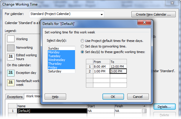 Shortening the workday takes two steps. First, you must change the “Hours per day” and “Hours per week” calendar options (page 139), so Project translates the person-hours into the correct duration in days and weeks. For example, you may change “Hours per day” to 6 and “Hours per week” to 30. You also redefine the standard work week in the project calendar. For example, to snip 2 hours off each day, set each day’s end time 2 hours earlier, as shown here.
