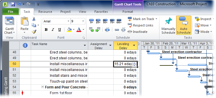 Leveling delay changes the start date for a task, not just the overallocated resource’s assignment. See page 271 for instructions on delaying individual assignments.