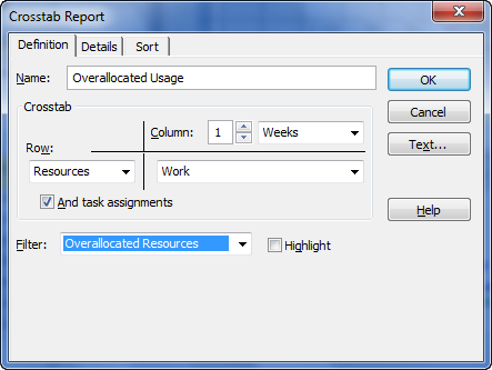 The Crosstab Report dialog box offers additional report settings on the Details and Sort tabs. For example, on the Details tab, you can specify whether to show totals for rows and columns, and where to place gridlines in the report. On the Sort tab, you can specify how the resources are sorted. Initially, the report sorts resources by ID, but you can choose Group to keep related resources together.