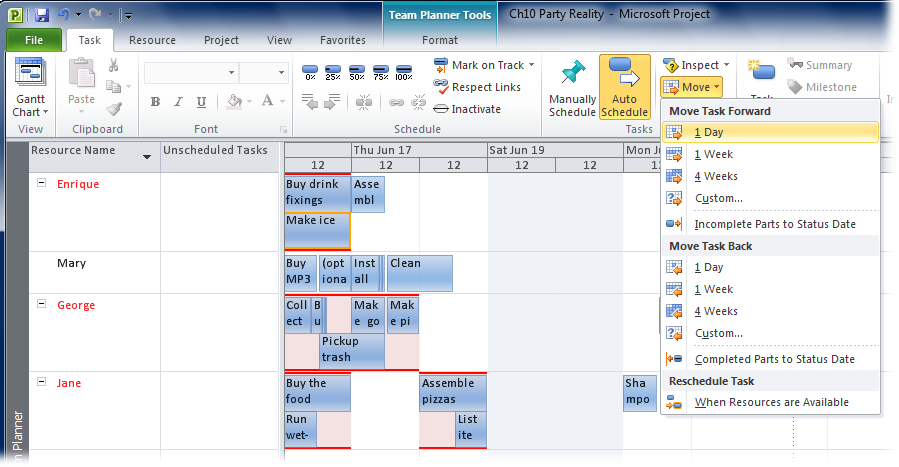 The Move drop-down menu contains commands for moving tasks by one day, one week, or four weeks. To move a task by any other time span, choose the Custom command under Move Task Forward or Move Task Back. The Move drop-down menu also includes commands for rescheduling incomplete work, which you’ll learn how to do on page 216.