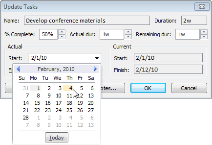 You can choose from the calendar, or type the date in the box if you prefer. The dates in the Actual boxes show “NA” until you enter progress information for the task, whether it’s percent complete, actual and remaining duration, or actual start and finish.