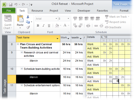 If you’ve applied the Work table to the view, Project updates the total actual work hours in the table’s Actual Work field as you type work hours in cells the timephased portion of the view.