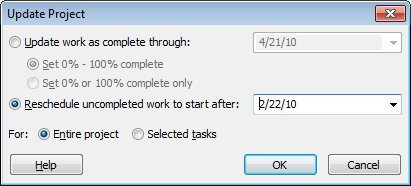 The Update Project dialog box opens with “Update work as complete through” and “Entire project” selected automatically. If you want to update only certain tasks, be sure to select the tasks before you open the dialog box and then select the “Selected tasks” option.