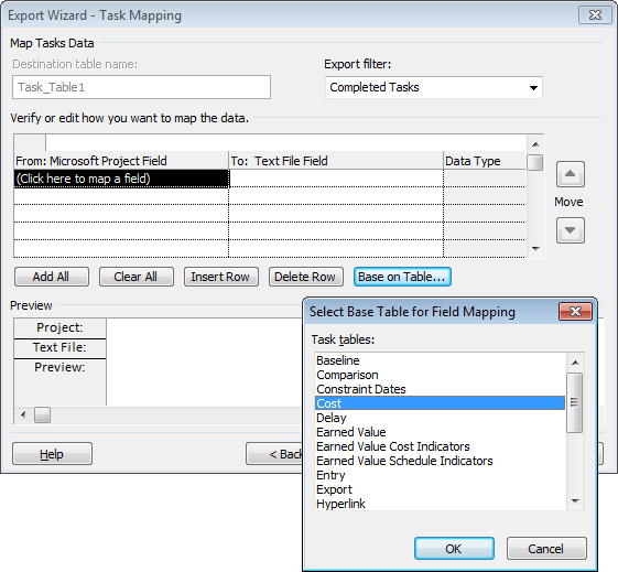 The “Export filter” box lets you choose the items you want to export. For example, you might choose the Completed Tasks filter to export the final costs for tasks that are done. Click “Base on Table” below the mapping grid to jump-start field mappings with a Project table.