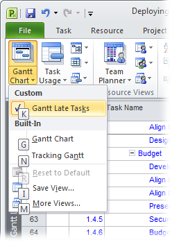 When you first press the Alt key, the keyboard shortcuts for the ribbon tabs appear, for example, H for the Task tab and W for the view tab. Once you press a key to choose a tab, the tab keyboard shortcuts disappear, and the keyboard shortcuts for commands on the tab take their place, such as G for the Gantt Chart view drop-down menu and K for the Task Usage view drop-down menu. If you press a key for a command that displays a drop-down menu, shortcut keys appear on the drop-down menu.