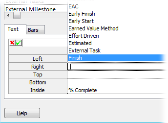 The Start field obviously belongs on the left end of a task bar, and Finish belongs on the right. A field like % Complete or % Work Complete could go on the top, bottom, or inside, because the central position conveys progress.