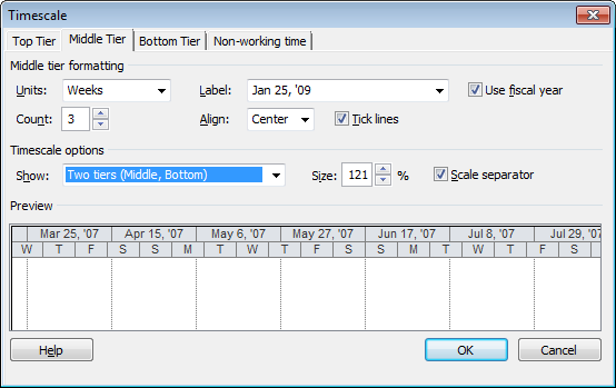 The Timescale dialog box has four tabs: one for each tier of units and the fourth for nonworking time. The Middle Tier tab appears initially. To change the number of tiers, under “Timescale options”, choose the number of tiers in the Show drop-down list. When you use less than three, Project drops off the Top Tier first.