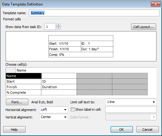 To pick a field in the data template, in the “Choose cell(s)” section, select the cell. Click the down arrow, and then, in the drop-down list, choose the field name. If you want to change the number of rows and columns in a box, click Cell Layout.