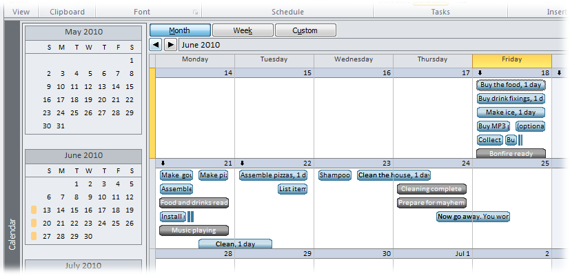 In a calendar view, move to the next or previous period by clicking the left or right arrows just below the Month, Week, and Custom buttons. For example, when the calendar shows an entire month, the left arrow switches to the previous month.