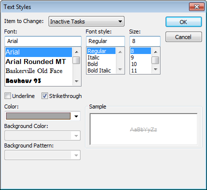 The last two items in the drop-down list are Changed Cells and Inactive Tasks. Changed Cells corresponds to the change highlighting feature. You can change the text and background color for this category to make changed values stand out. The box on page 618 describes change highlighting in more detail. Choosing Inactive Tasks lets you change the appearance of tasks that you set to inactive (page 353).