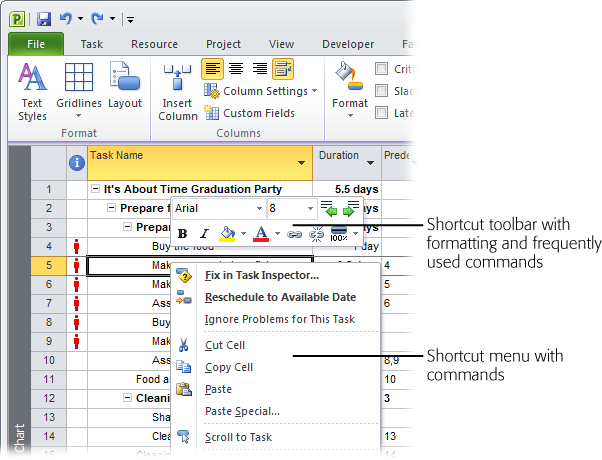 In addition to the shortcut menu that appears when you right-click a cell, a mini-toolbar perches above the cell you right-click. Click a tool to change the font, font size, font color, bold, italic, or cell background color. The mini-toolbar also has frequently used commands, such as Link Tasks, Outdent Task, and Indent Task.