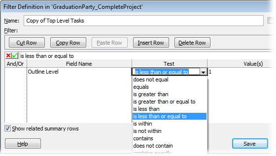 The “Show related summary rows” checkbox tells Project whether to include the summary rows for tasks that pass the tests. If summary rows outnumber the tasks you’re looking for, turn off this checkbox to see only the tasks that pass the filter.