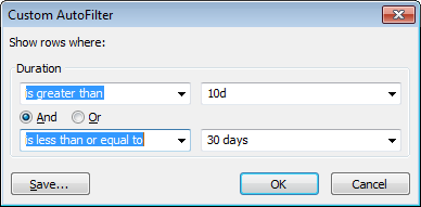 The Custom AutoFilter dialog box is like a simple version of a filter definition. The field is selected for you. You can define two criteria and specify that items meet both or only one of them.