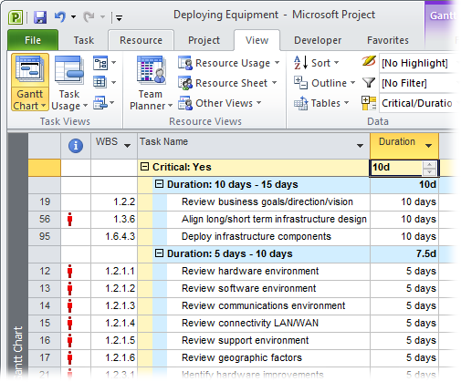 When you group items, the group summary rows calculate the values in the group’s numeric fields, as the box on page 636 explains. For example, if you group assignments by employees and contractors, you can see the total hours and cost for each group. Group calculations appear in a Gantt Chart view’s table area, the Resource Sheet, as well as the timescale in usage views.