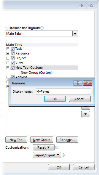 By automatically adding a custom group, the program saves you a step. You can add commands only to custom groups, so a custom tab must have at least one custom group. It’s a good idea to immediately rename the custom tab and the custom group to indicate what they do. Select the tab and then click Rename. Then, select the group, and click Rename.