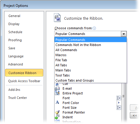 Unless you know the built-in tabs inside and out, your best bets are the first three categories in the list. Popular Commands is a list of the most frequently used commands. To add a command that isn’t on the ribbon, choose “Commands Not in the Ribbon”. To make sure you find the command you want, choose All Commands and scroll through the list.