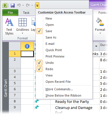 Unlike the ribbon, you can specify whether the customizations you make to the Quick Access toolbar apply to all files you open in Project or just the active one. In the Project Options dialog box, in the Customize Quick Access Toolbar box, Project automatically chooses “For all documents (default)”. With that setting, the changes you make to the toolbar appear for every file you open. To customize the Quick Access toolbar for the active file, choose “For <filename>” where <filename> is the name of the active Project file.