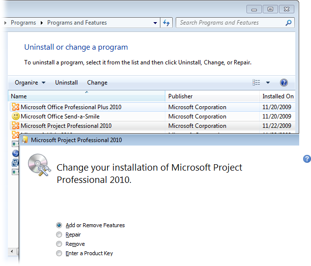 Using the Project Setup Wizard, you can change the features you use in Project, repair your Project installation, remove the program entirely, or enter your Product Key if you haven’t done so already.