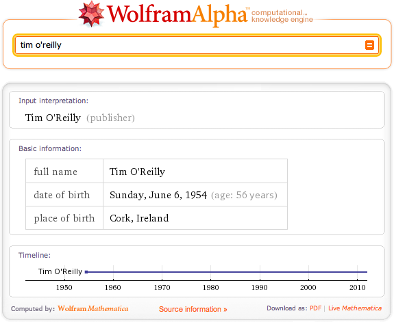 Sample results for a “tim o’reilly” query with WolframAlpha