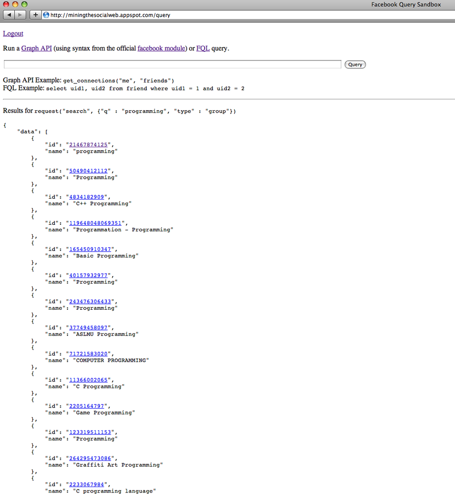 Sample query and results for “programming” groups—you can click on the links to crawl through to the next level of the graph