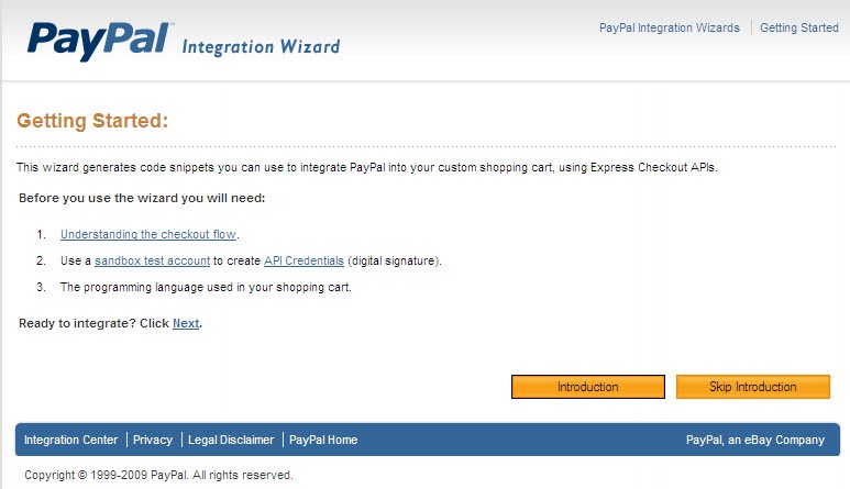 Express Checkout Integration Wizard opening screen