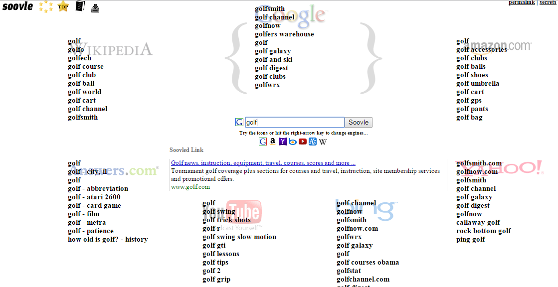 Soovle results using keyword “golf”