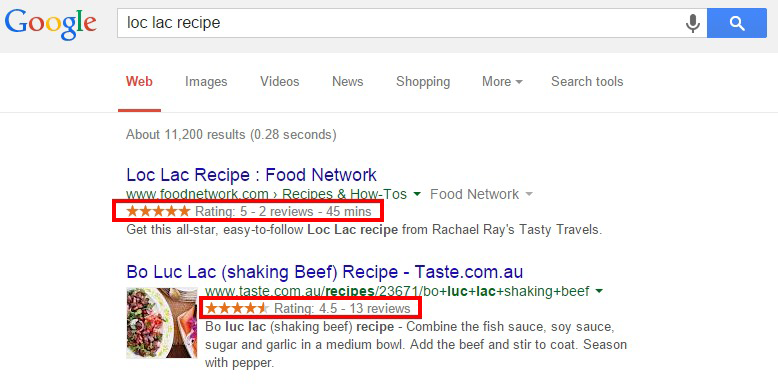 Example of recipe rich snippet on Google