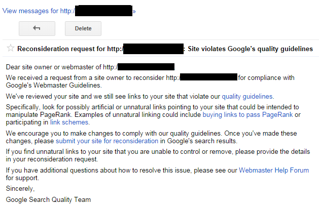 Unnatural links penalty message in Google Search Console