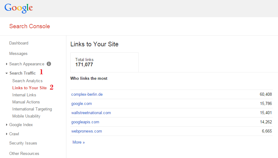 Steps to obtain the Search Console list of links