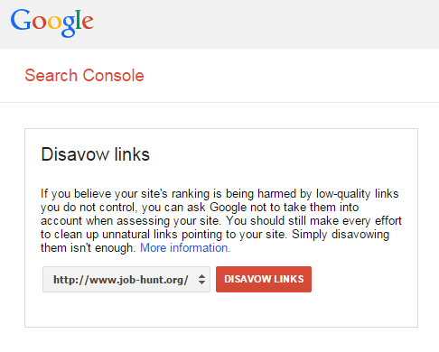 Opening screen of Google’s Disavow Links tool
