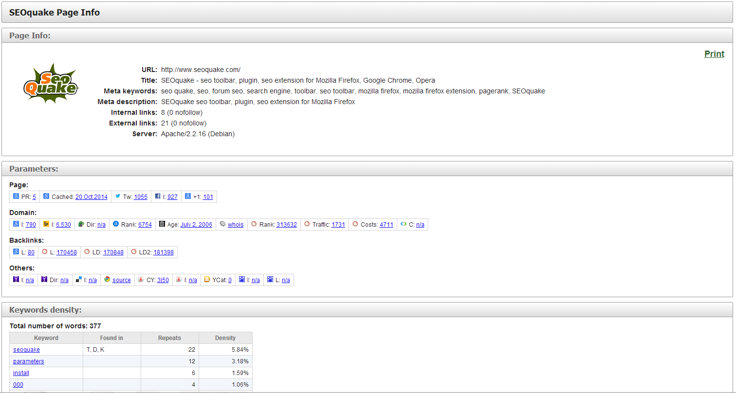 SEO Quake page info report