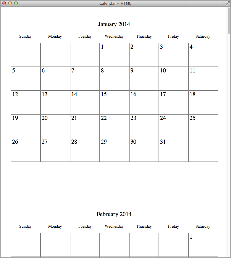 Calendar rendered as positioned HTML
