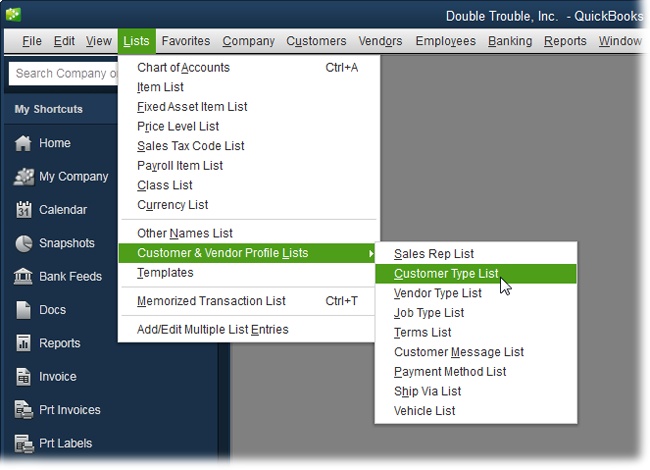 Instead of filling pages with long and hard-to-follow instructions for navigating through nested menus and nested folders, the arrow notation is concise and just as informative. For example, choosing Lists→Customer & Vendor Profile Lists→Customer Type List takes you to the menu item shown here.