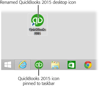 Windows’ taskbar keeps your favorite icons near at hand. The taskbar is easy to reach, because program windows don’t hide it the way they do desktop shortcuts. You can rename desktop icons, as was done here. To do that, right-click the icon, and then choose Rename on the shortcut menu. Type the label you want to use, and then press Enter.