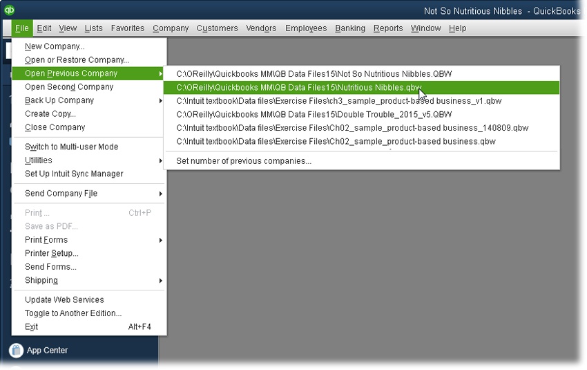 To open a company file you’ve worked on recently, click it in the Open Previous Company submenu.If the No Company Open window (not shown here) is visible, you can open a recent file by double-clicking its filename in that window’s list. (Opening a sample file is the only task the No Company Open window performs that you can’t also perform via the File menu.)