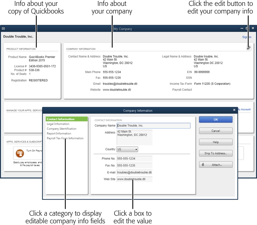 Some bits of company information change more often than others. For instance, you might relocate your office or change your phone number, email address, or website address. But stuff like your company’s legal name and address, federal Employer Identification Number, and business type (corporation, sole proprietorship, and so on) usually stays the same.