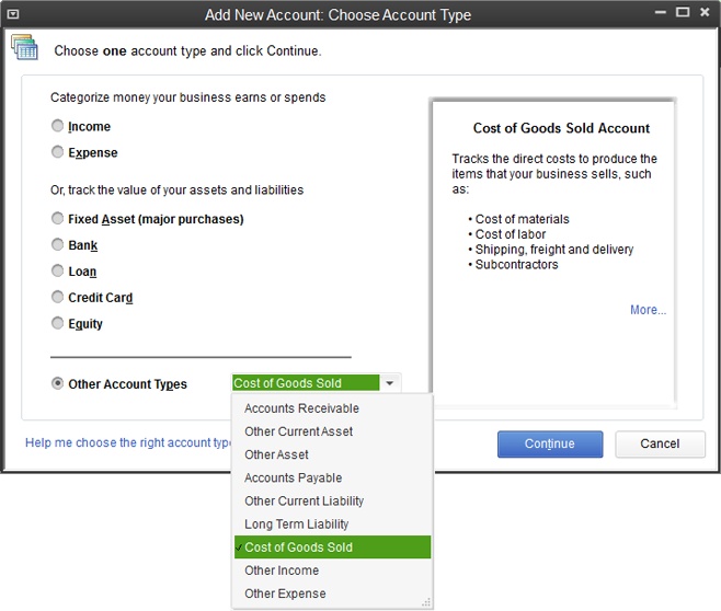 If you aren’t sure which type to choose for your new account, read the box on page 57.When you select one of the options here, a description with examples of that type of account appears on the right side of the window. Click More to read a Help topic that explains when to use that type of account.