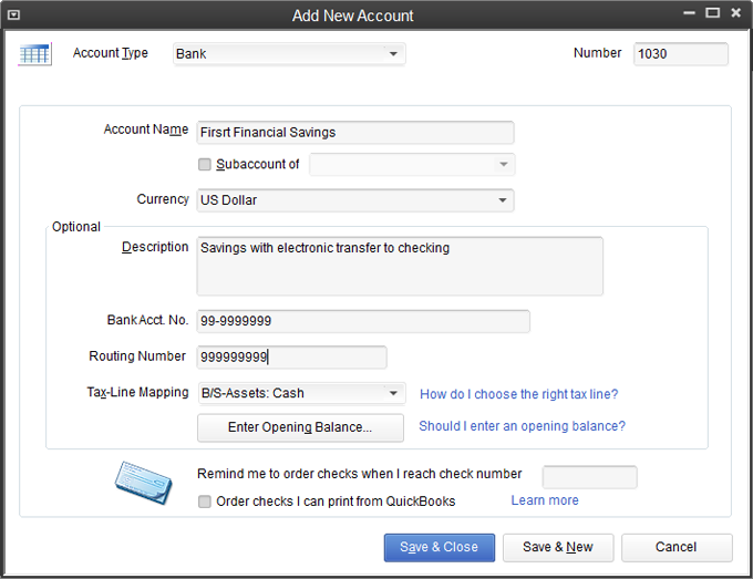 The Bank account type includes every account field except Note, as well as a few fields that you won’t find in any other account type, such as Bank Acct. No. and Routing Number. If you want QuickBooks to remind you to order checks, in the “Remind me to order checks when I reach check number” field, type the check number you want to use as a trigger. And if you want the program to open a browser window to an Intuit site where you can order supplies, turn on “Order checks I can print from QuickBooks.” If you get checks from somewhere else, just reorder checks the way you normally do.