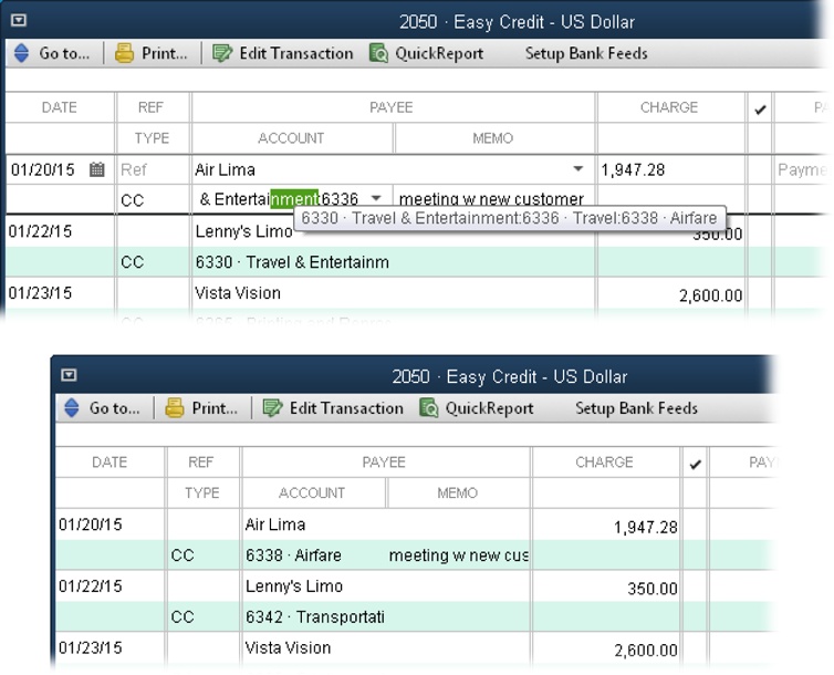 Top: In Account fields and drop-down lists, QuickBooks combines the names of parent accounts and their subaccounts into one long name, as you can see in this travel example. In many instances, only the top-level account is visible unless you scroll within the Account field.Bottom: When you turn on the “Show lowest subaccount only” preference, the Account field shows the subaccount number and name instead, which is exactly what you need to identify the assigned account (in this case, Airfare).