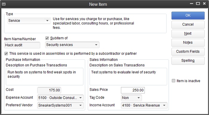 If you had to enter item details each time you added an entry to an invoice, you’d be bound to make mistakes. But by setting up an item using this window, you can make sure you use the same information on sales and purchase forms each time you sell or buy that item. (When the inevitable exception to the rule arises, you can edit the item info that QuickBooks fills in on the sales form.)