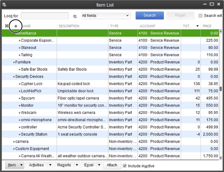QuickBooks lists items by type and then in alphabetical order within each type.You can change the list’s sort order by clicking a column heading. If you click the heading again, QuickBooks toggles the list between ascending and descending order.To return the list to being sorted by type, click the diamond to the left of the column headings (circled), which appears anytime the list is sorted by a column other than Type.