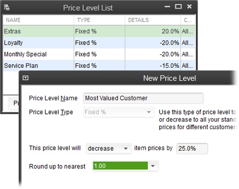 Think of fixed-percentage price levels as standard discounts or markups. For example, you can create a price level called Most Valued Customer to discount prices by 25 percent. Then assign that price level in the customer record (page 77) of every big spender you work with.(Although price levels’ names don’t appear on your customer invoices, it’s still a good idea to choose names that are meaningful without being rude.)