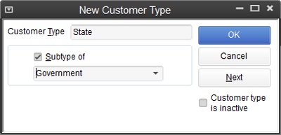 The only thing you have to fill in here is the Customer Type field.If this type represents a portion of a larger customer category, turn on the “Subtype of” checkbox, and then choose the parent type. For example, if you have a Government customer type, you might create subtypes like Federal, State, County, and so on.