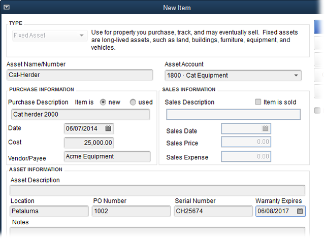 When you buy a fixed asset, you can create a Fixed Asset item and enter the asset’s name and purchase info, where you keep it, its serial number, and when the warranty expires. When you create a Fixed Asset item, QuickBooks doesn’t automatically add the purchase price to the asset account you choose here. Instead, the account you choose in your purchase transaction (check or credit card charge, for instance) is what adds the purchase price to the Fixed Asset account in your chart of accounts.