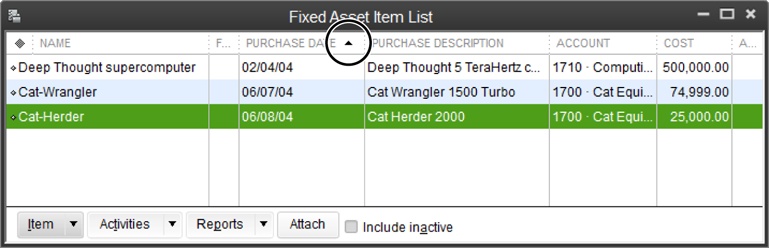 To sort a list by a column, click the column’s heading, such as Purchase Date. The first time you click the heading, QuickBooks sorts the list in ascending order, and the small black triangle in the heading (circled) points up, as shown here. To toggle between ascending and descending order, click the heading again, and the triangle points down.