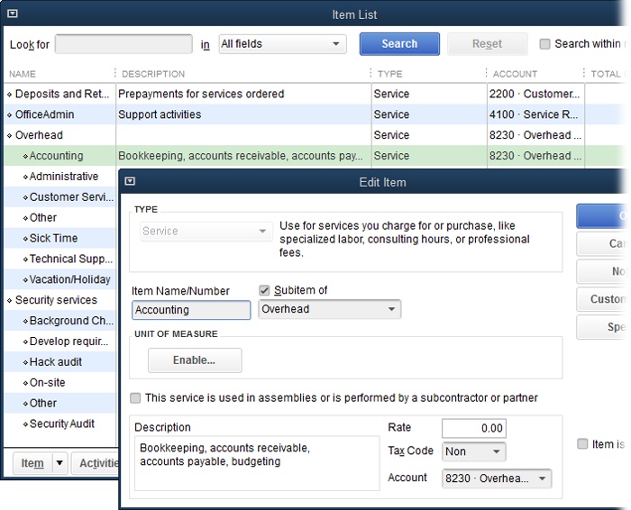 If you want to capture nonbillable activities in one big pot, create a single Service item called Overhead.For greater detail about nonbillable time, you can create a top-level Overhead item and then create subitems for each type of nonbillable work you want to track. Be sure to also create one catchall item, such as Other, to capture the time that doesn’t fit in any other nonbillable category.