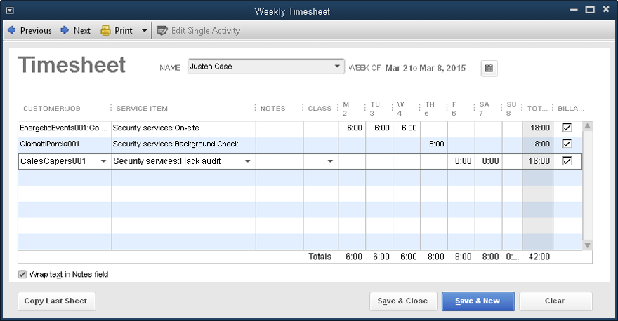 The weekly timesheet doesn’t provide much room to display customer names, job names, or more than a few letters of the Service item for the task performed. To see the full contents of a cell, click the cell’s down arrow, and QuickBooks highlights the selected item in the drop-down list. If the cell doesn’t have a down arrow, position your cursor over the cell to display a popup tooltip. You can also drag a corner of the window to resize it or click the Maximize icon (the rectangle) near the top right of the window to enlarge it.